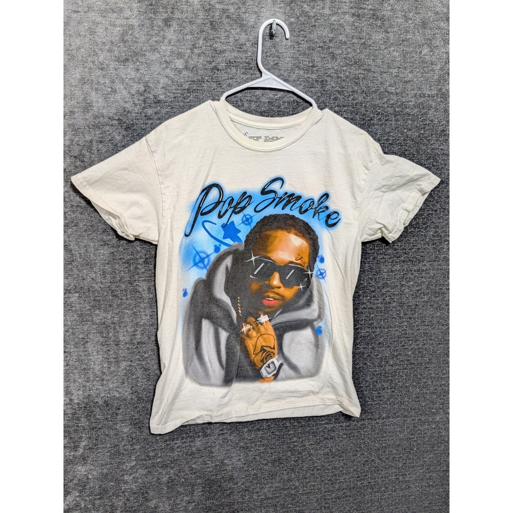 Pop Smoke Graphic T-Shirt Mens Medium Cream Airbrush Portrait Hip Hop Tee